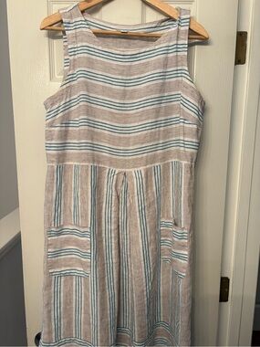 J. Jill Beige and Teal Striped Sleeveless 100% Linen Dress - M